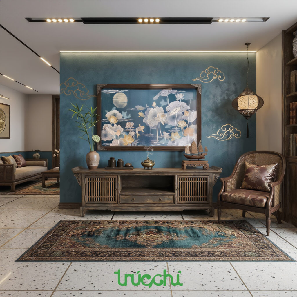 Ánh sáng êm dịu từ bức tranh Trúc Chỉ nhẹ nhàng lan tỏa, trung hòa sự lạnh lẽo của các vật liệu hiện đại.